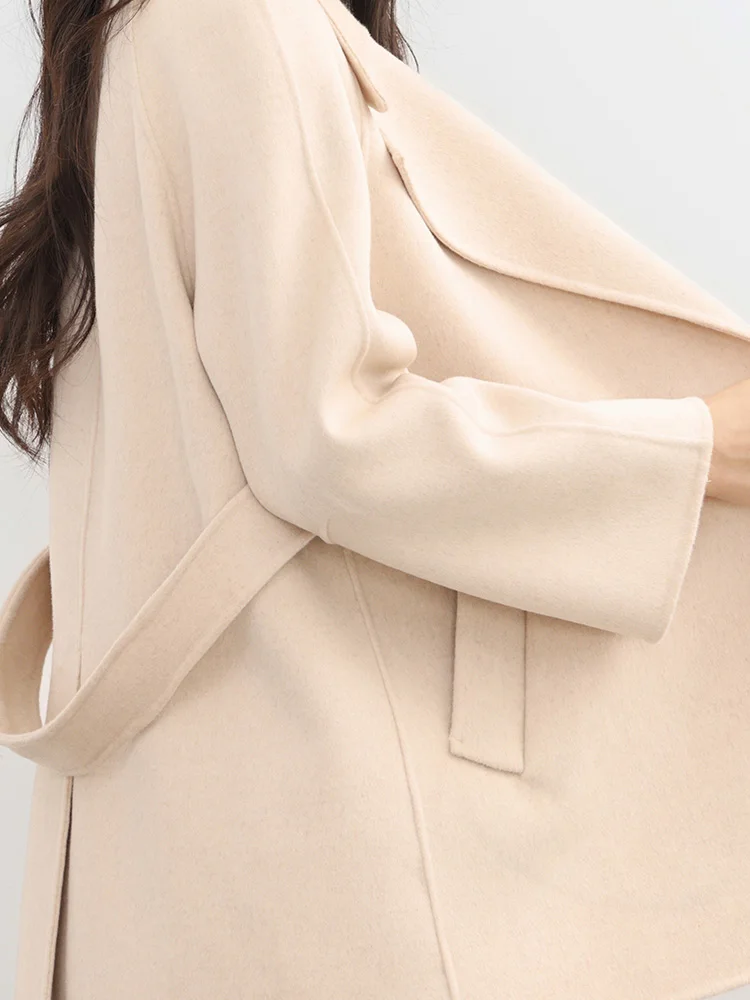 منتصف طول معطف الصوف النساء 100% الصوف معاطف قصيرة حزام واسعة طوق التلبيب الخريف الشتاء فضفاض سترة السيدات جديد # 27