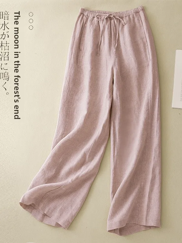 Retro spodnie z wysokim stanem i szerokimi nogawkami, damskie, luźne, wyszczuplające, elastyczne, z bawełny i lnu, proste nogawki, codzienne spodnie, lato 2025