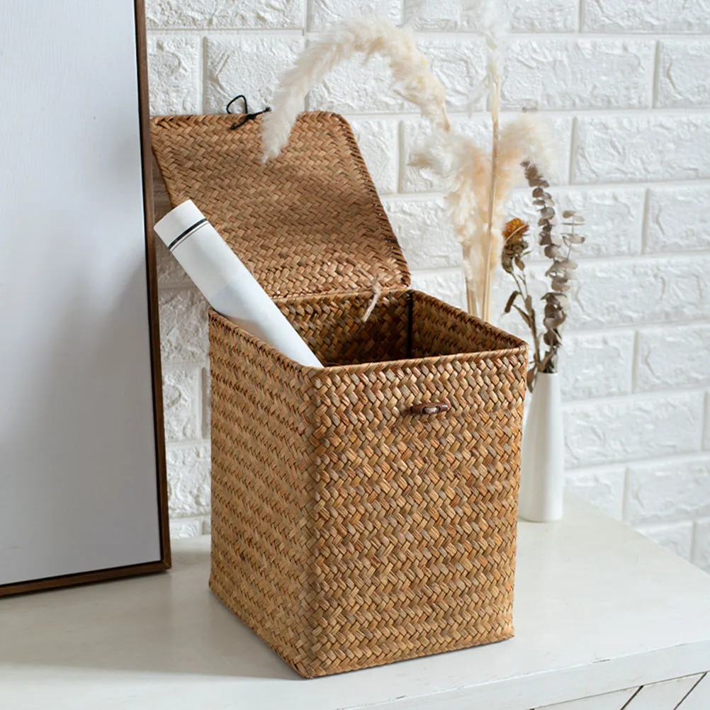

Lidded Box Woven Household Box Home Basket Storage Organizer Natural Decorative Basket Living Room Bedroom Office Use