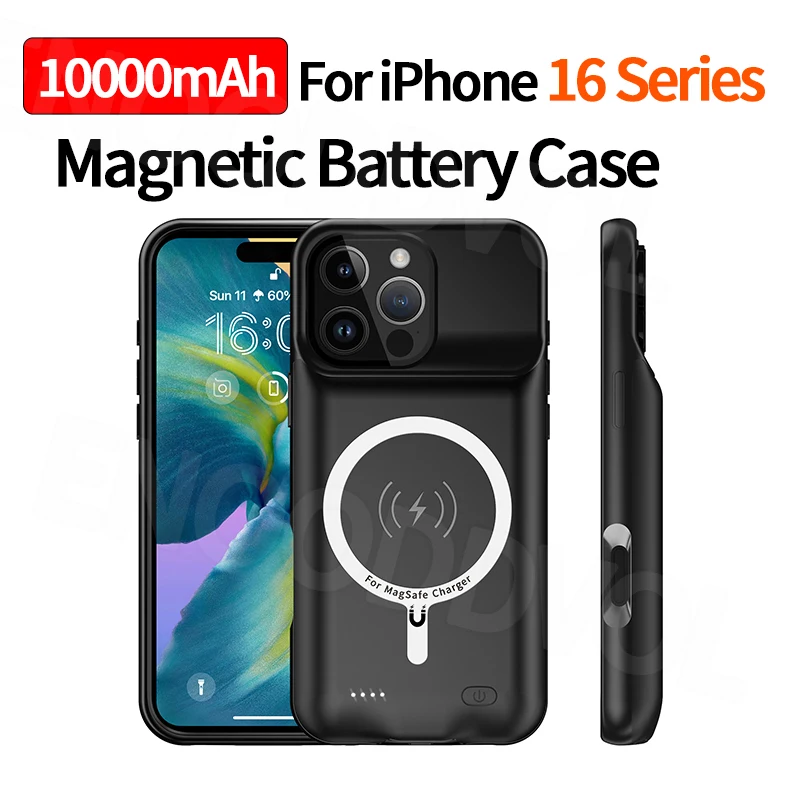 10000mAh Magnetic Battery Case for iPhone 16/16 Plus/16 ProMax Power Bank Charger Cover with Free Tempered Glass & Cable