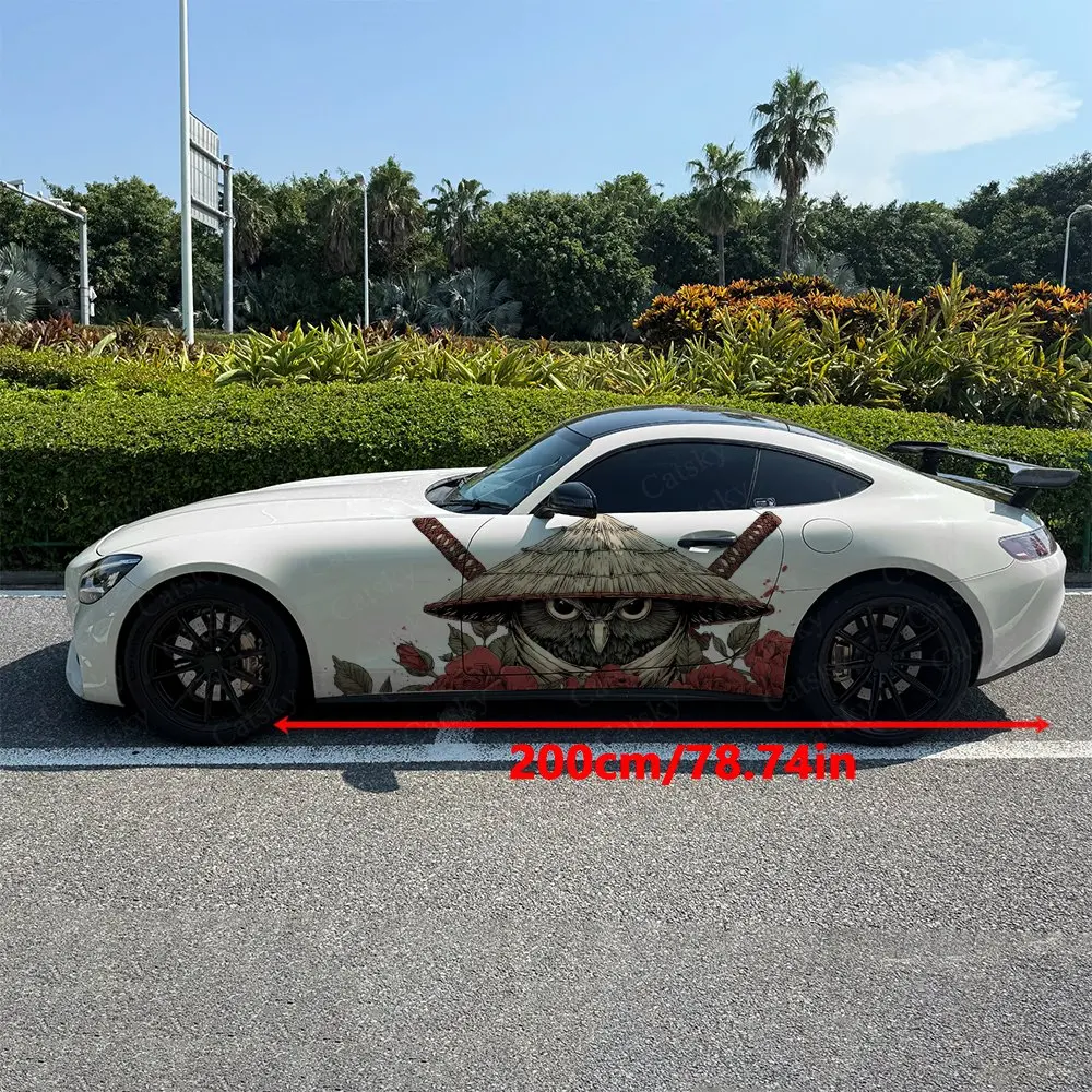 2pcs Retro Wafu Owl Samurai Vibe, Durable, Fade-resistant, Enhance Vehicle Aesthetics With Bold Artistic Design Car Vinyl Wraps