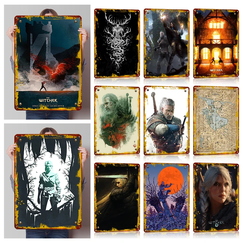 Jogo clássico w-witcher retro flandres cartazes personalizáveis arte da parede vintage sinais de metal para fãs de jogadores sala de jogos decoração do escritório