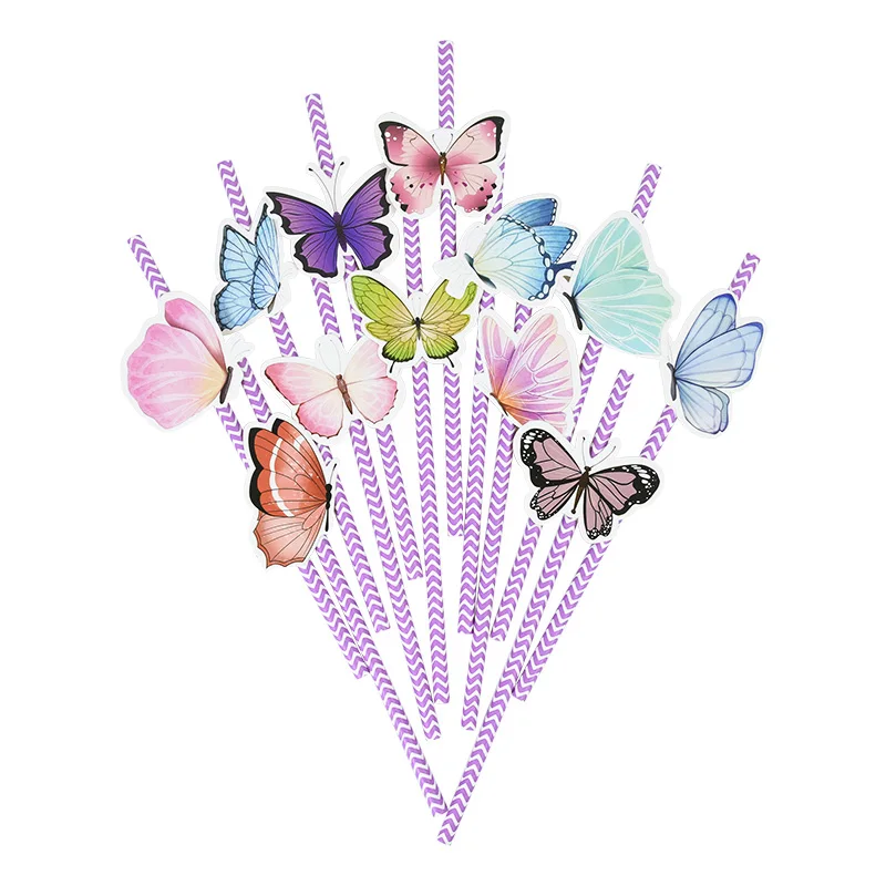 24 قطعة من شفاطات الورق على شكل فراشة أرجوانية، شفاطات مخططة للشرب على شكل فراشة، زينة لحفلات أعياد الميلاد وحفلات الزفاف للفتيات