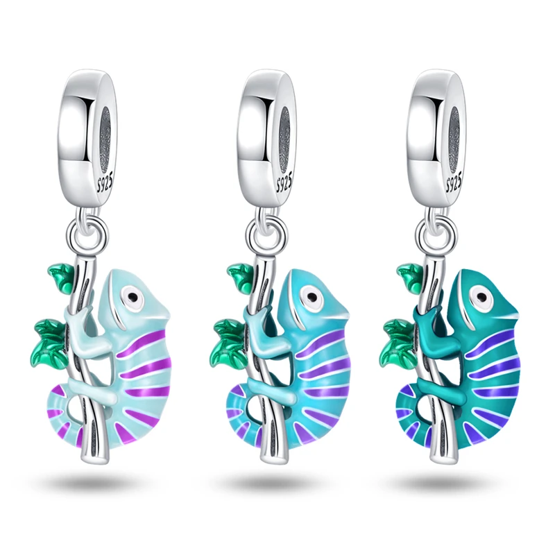 Hot Sales 925 Sterling Silver Colorful Gradient Lizard Charms Pendant Fit 3mm Original Bracelet DIY Women Fine Jewelry Gifts