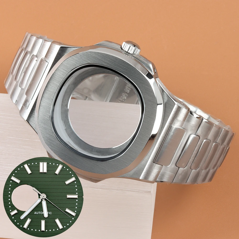 

40mm NH35 Watch Case Strap 29.8mm Dial Hands Green Luminous For Seiko NH38 Movement Stainless Steel Waterproof Nautilus Case