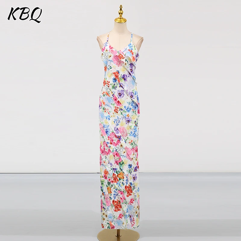 

KBQ Floral Printing Spliced Folds camisole Dresses for Women V Neck Sleeveless High Waist Temperament Backless Sexy Dress Female