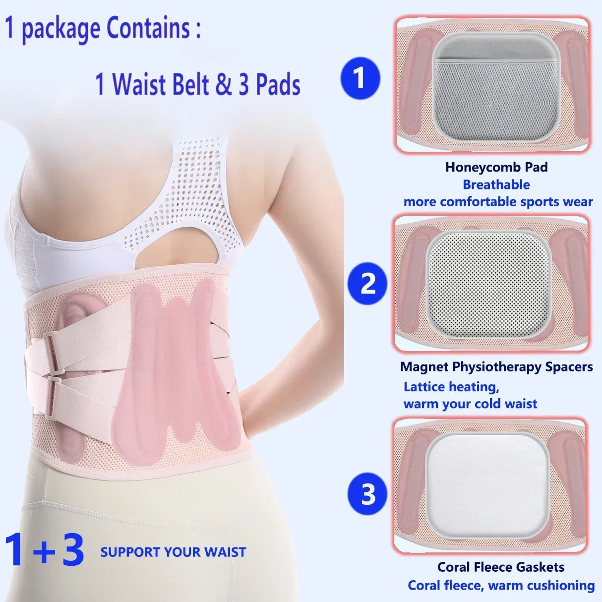 

Lumbar Support Back Brace/Belt with 3 Removable Pad for Waist Pain,Sciatica,Scoliosis,Herniated Disc Adjustable Straps for Women