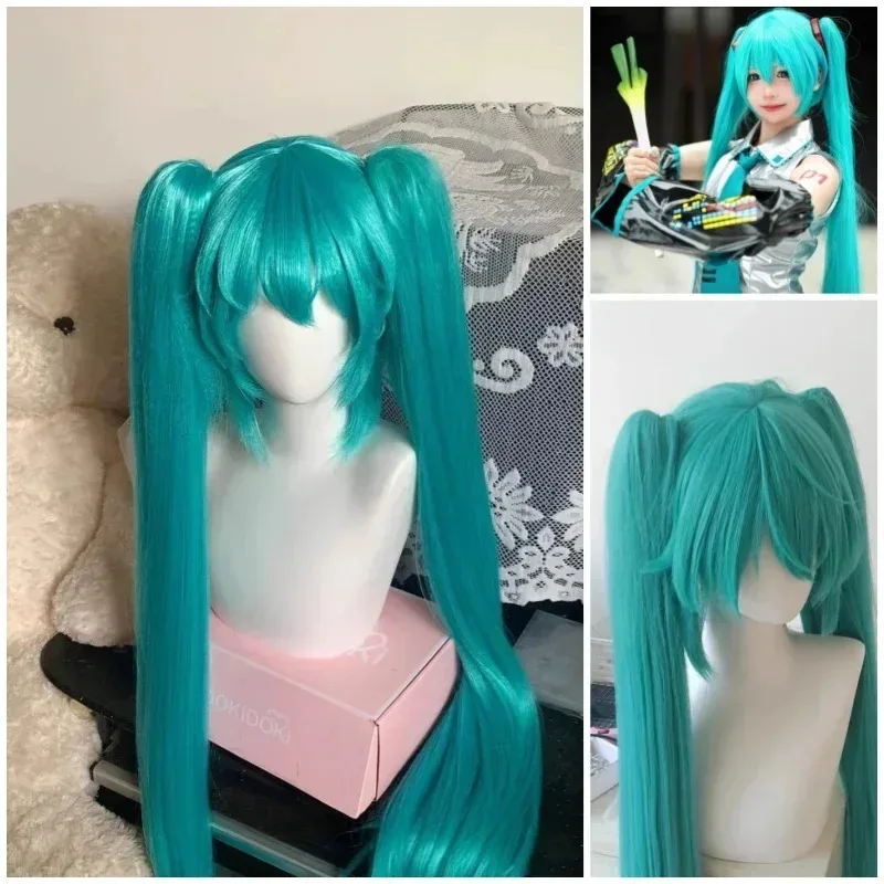 CyMikuo 110cm 긴 녹색 스트레이트 코스프레 가발 2개의 포니테일 녹색 가발 로리타 코스프레 할로윈 가발