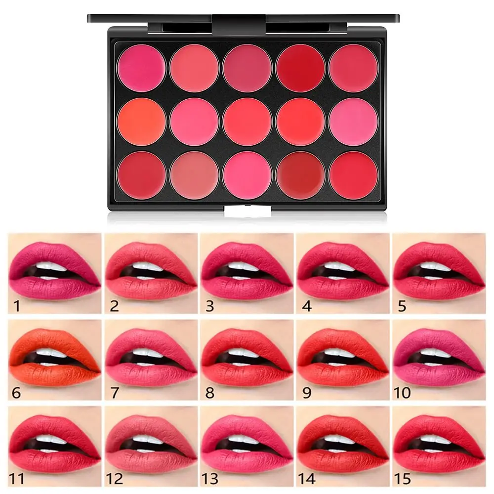 Non-Sticky Cup Matte Lipstick Palette with Mirror Waterproof Long Lasting 15 Color Lip Gloss Palette Nude Beauty