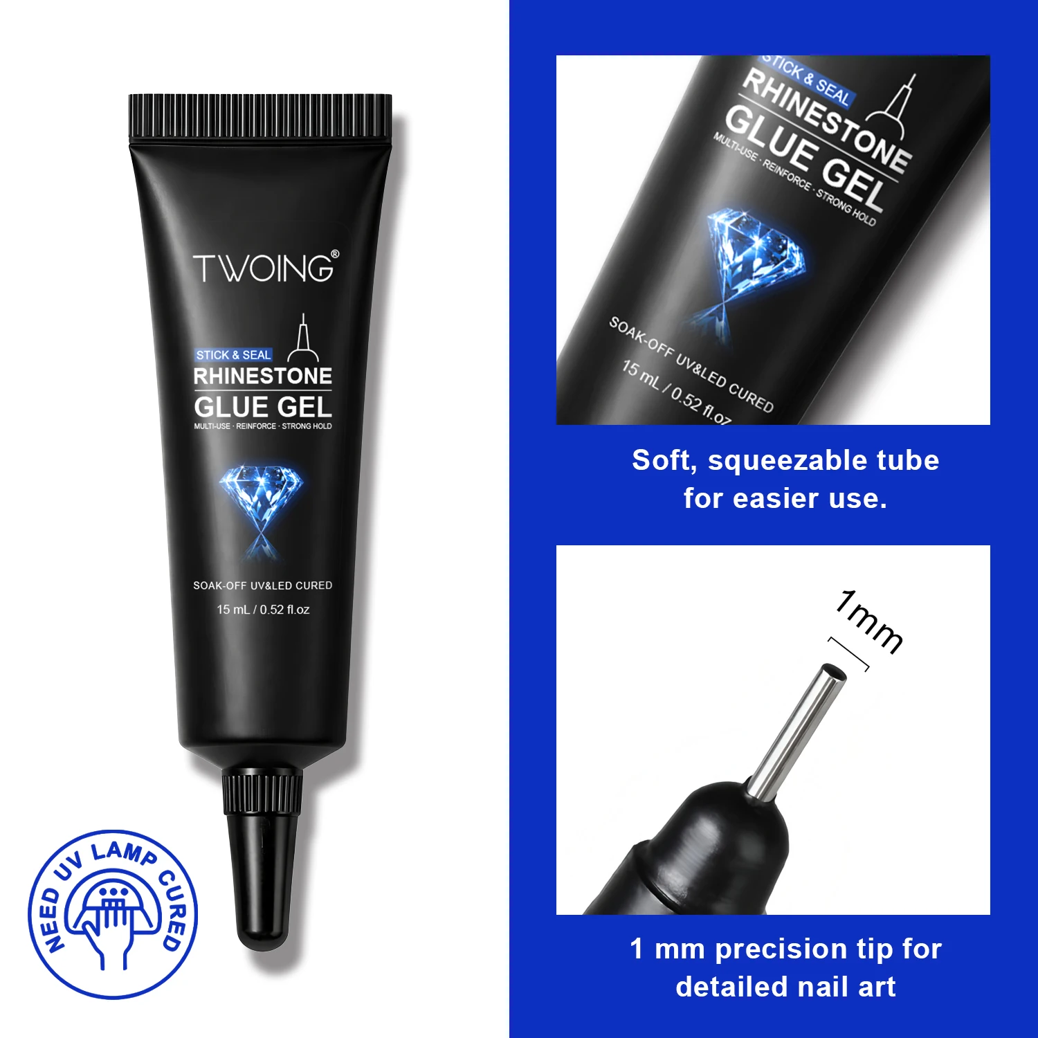 TWOING 15ml Strass-Klebegel, UV-LED-Nagelkleber für Edelsteine, Kristalle & Charms, Fugenfüllung, Langanhaltender Halt – Detail 4