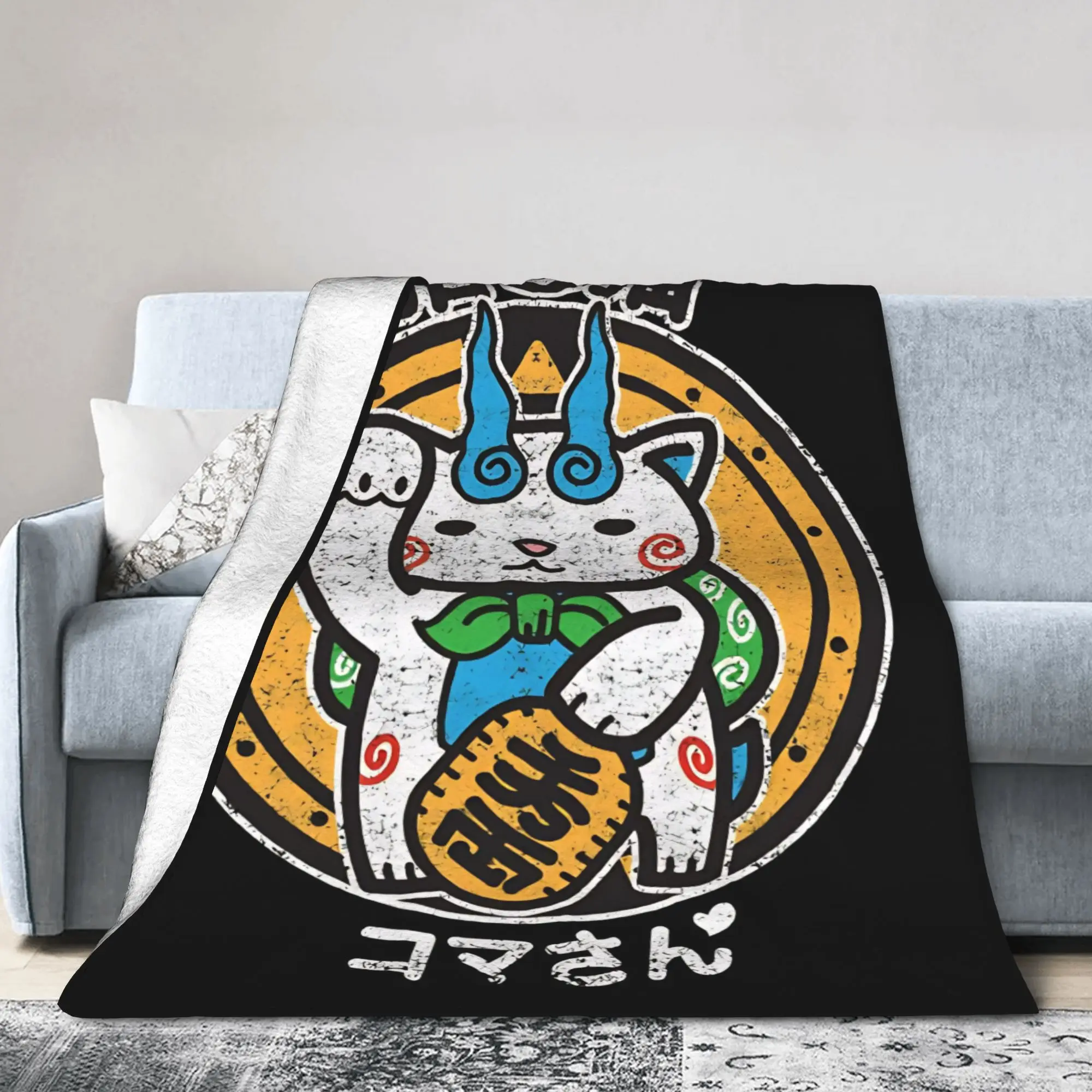 Yokai Watch Game Knitted Blanket Fleece Komasan Ultra-Soft Throw Blankets for Airplane Travel Bedroom Quilt
