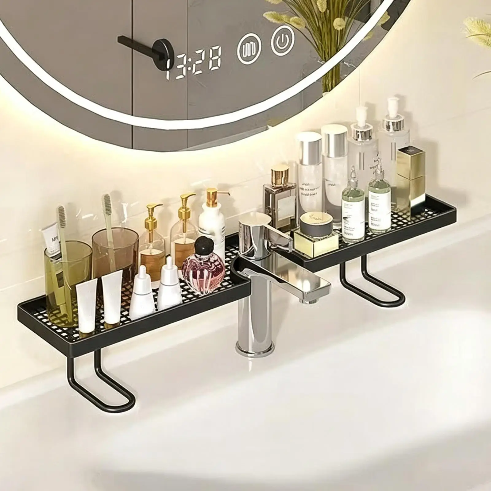 New Over Faucet Shelf Bathroom No-Drill U Shape Quick Drainage Bathroom Over Sink Shelf for Toothbrushes Cups Cosmetics