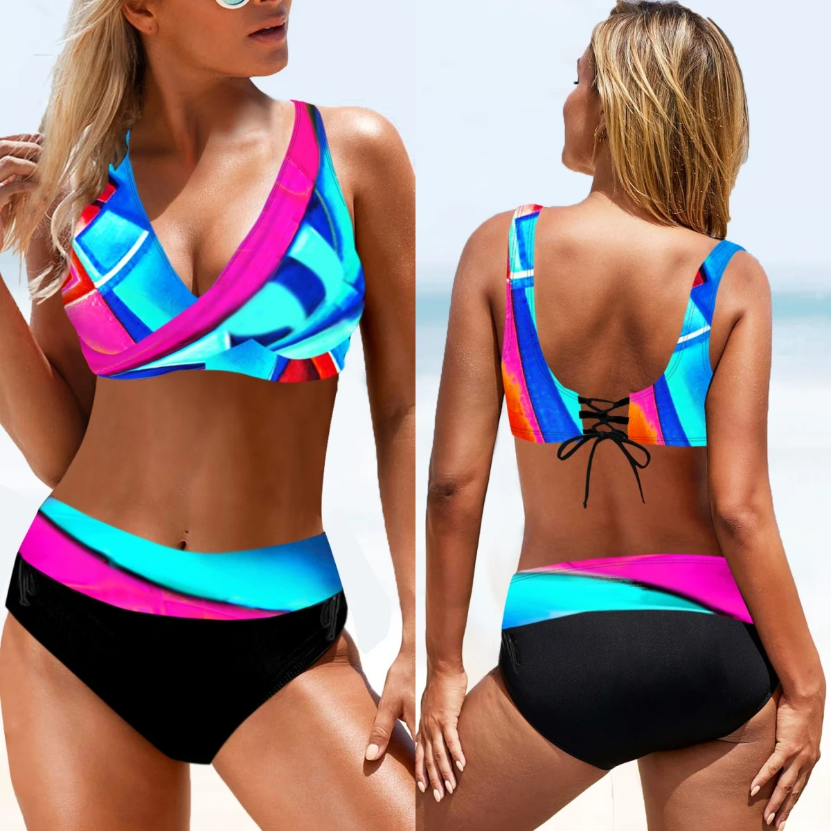 Bikini geometric pattern gathered bra Women Tummy Control High Waist Swimsuit Shorts 2 Piece Set Tankini Swimwear for Women 2024