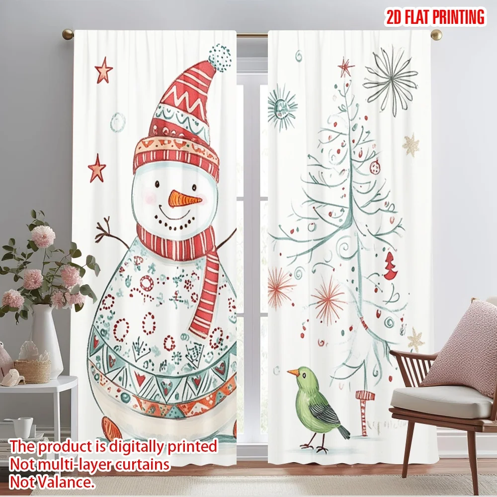2pcs,2D plane printing Minimalist Curtains Christmas Tree Snowman Winter Holiday (3) Versatile Polyester Fabric (without rod)