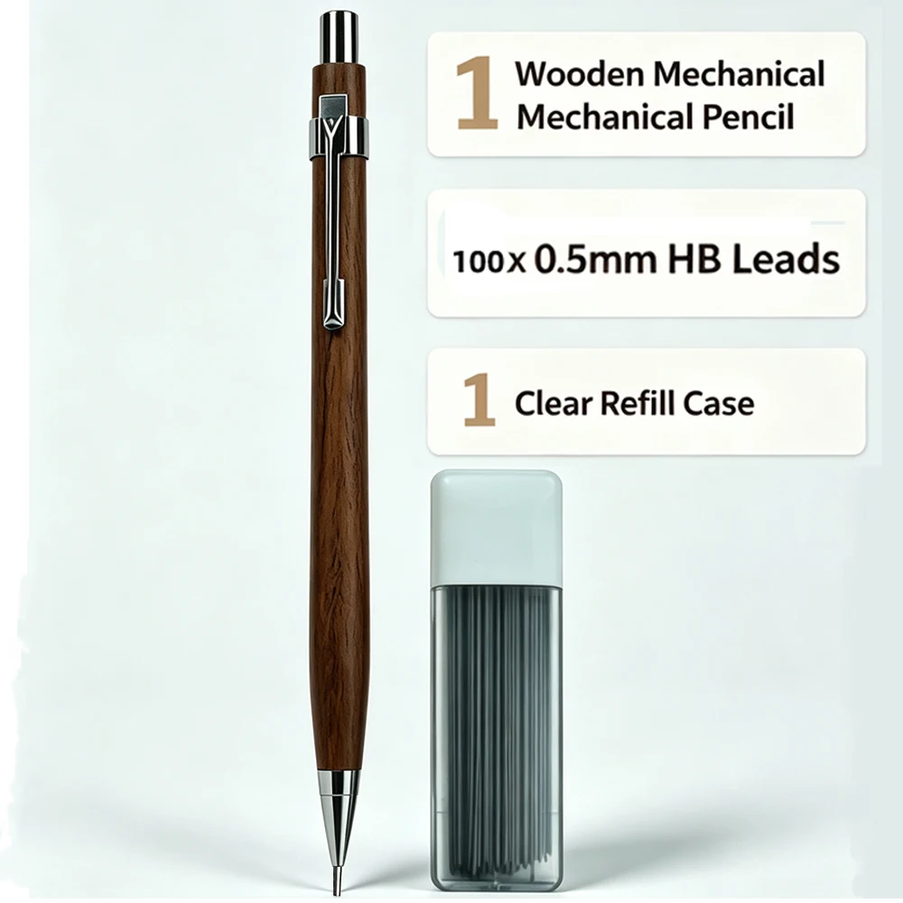 Vintage Walnut Wooden Mechanical Pencil Set 0.5mm HB Lead Refills Metal Clip Automatic Sketch Pencil Gift for Artist Stationery