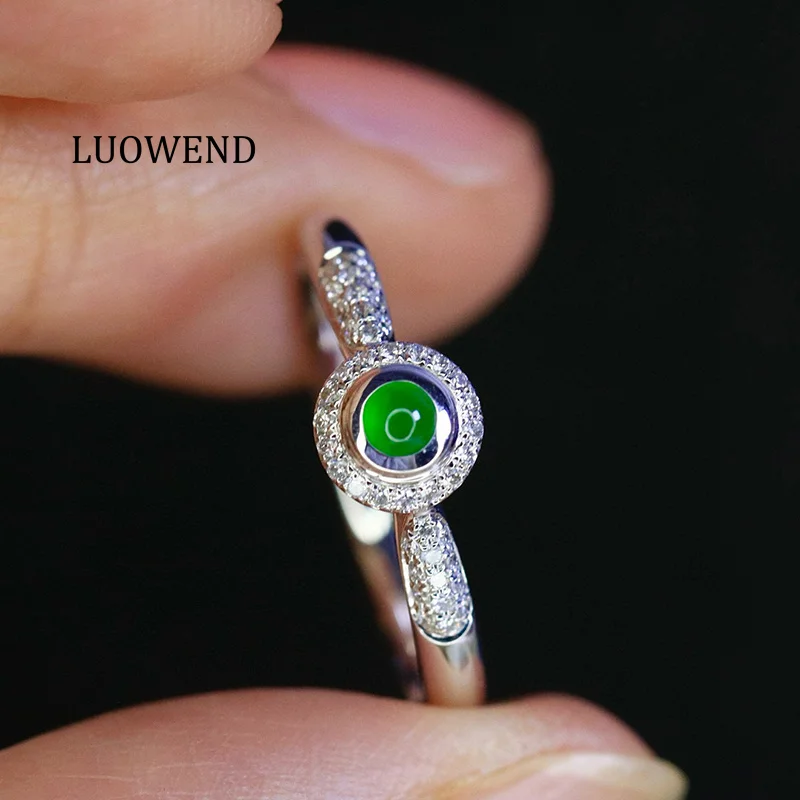 LUOWEND 100% 18K White Gold Rings Fashion Elegant Style Shiny Diamond Natural Jade Gemstone Ring for Women High Wedding Jewelry