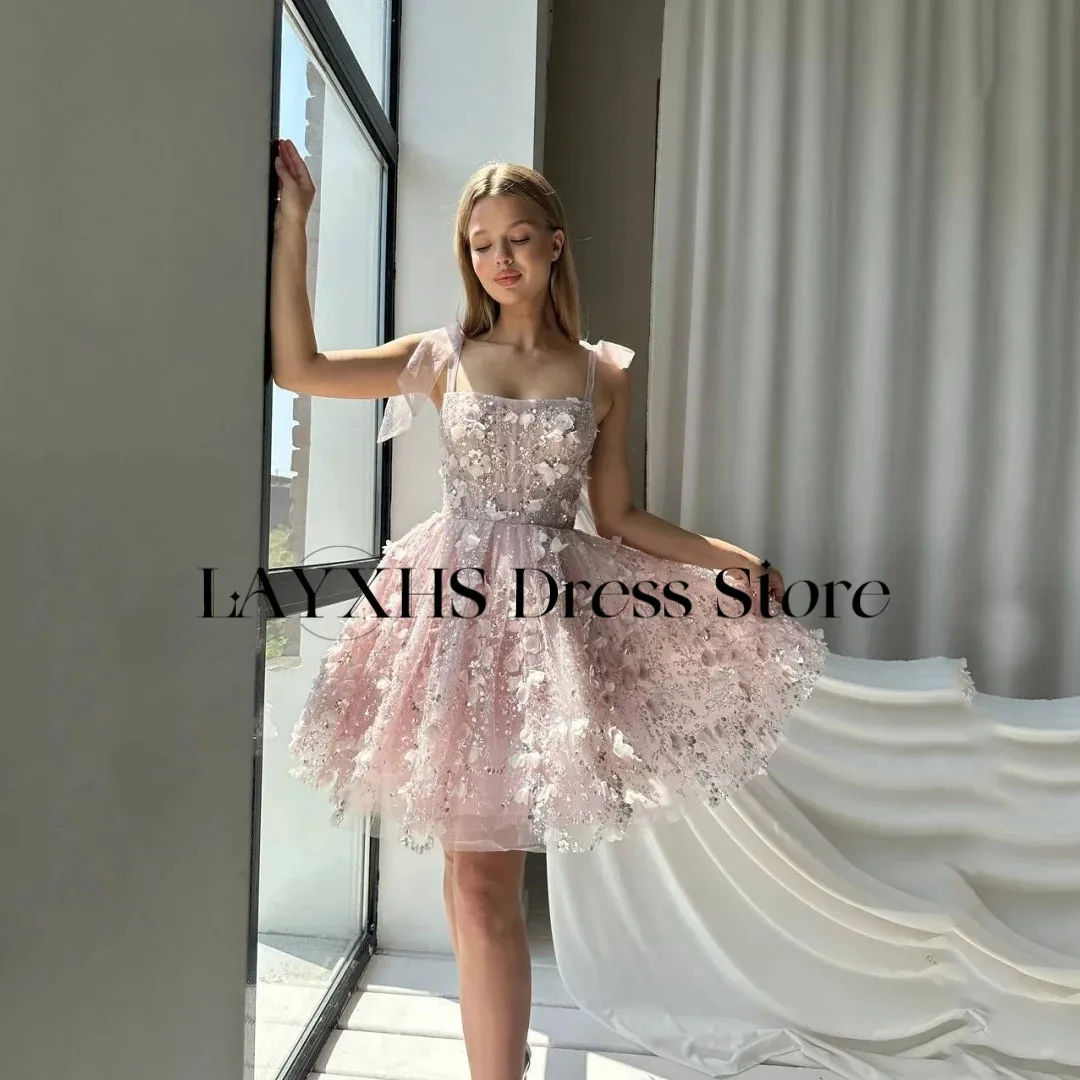 LAYXHS Exquisite rosa kurze Mini-Abendkleider, Spitze, Blumen, Perlen, A-Linie, Heimkehrkleider, individuell gestaltet