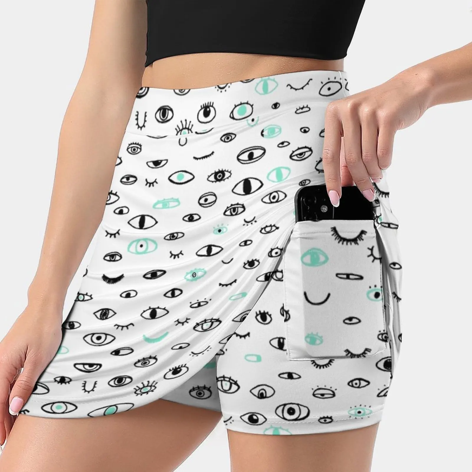 I See U Trending Fashion Skirt Summer Printed Women Sport Skirts Double-Layer Athletic Eye Eyes Sketch Abstract Pattern 80S