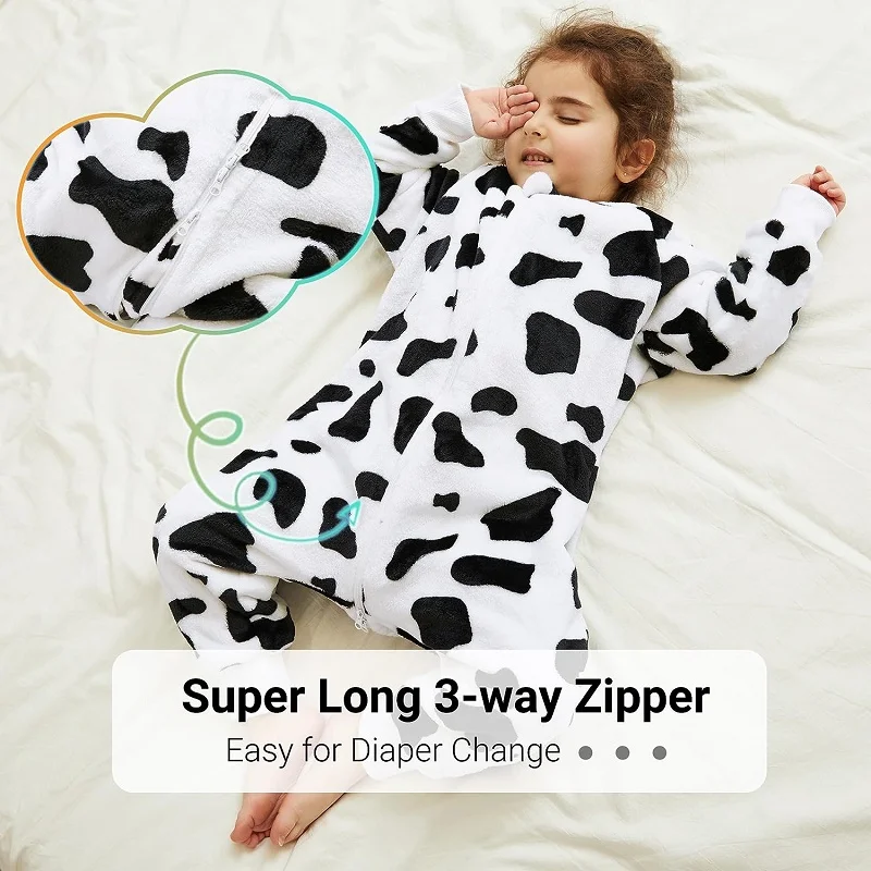 MICHLEY Cow Flannel Baby Sleeping Bag Clothes Sack Pajamas Winter Sleepwear Cute Cartoon Bodysuit Sleepsack With Feet Boys Girls