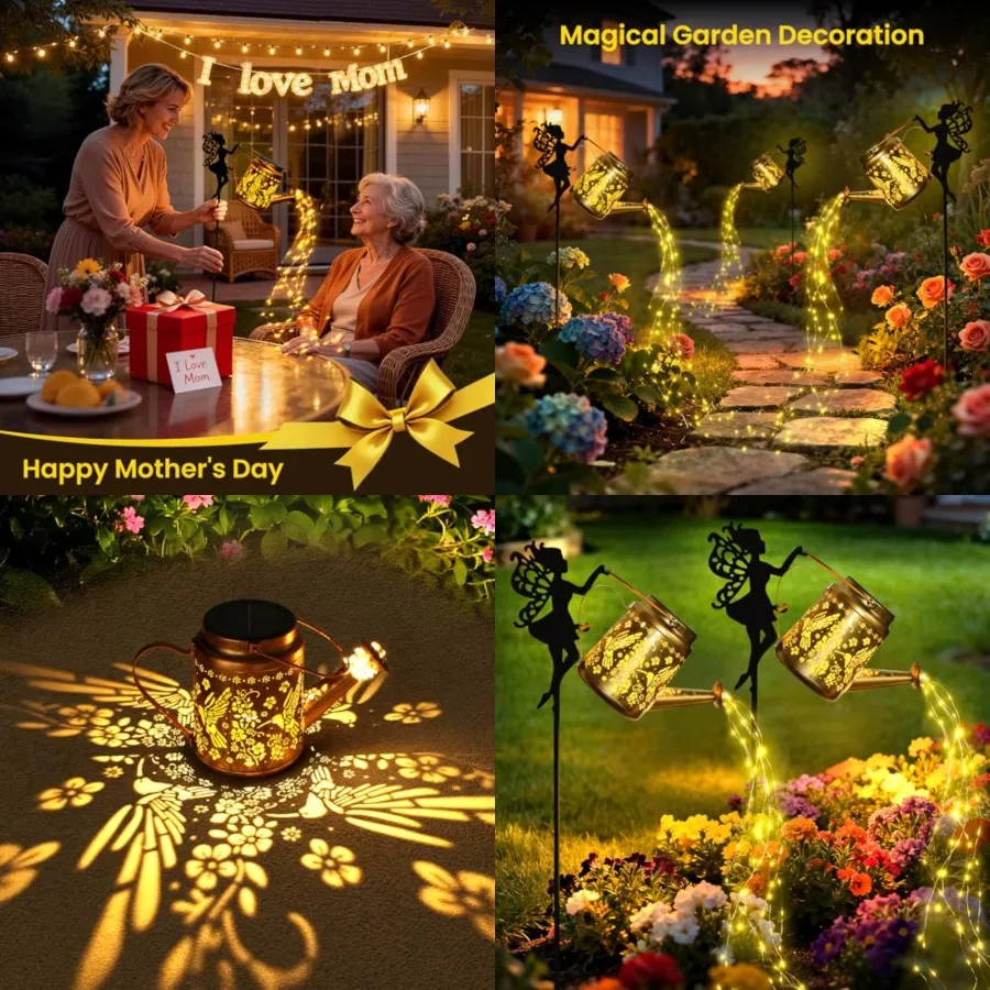 Solar Lights Outdoor Waterproof, Fairy Solar Garden Lights Outdoor Decoration, Hummingbird Solar Watering Can Light Gardening G