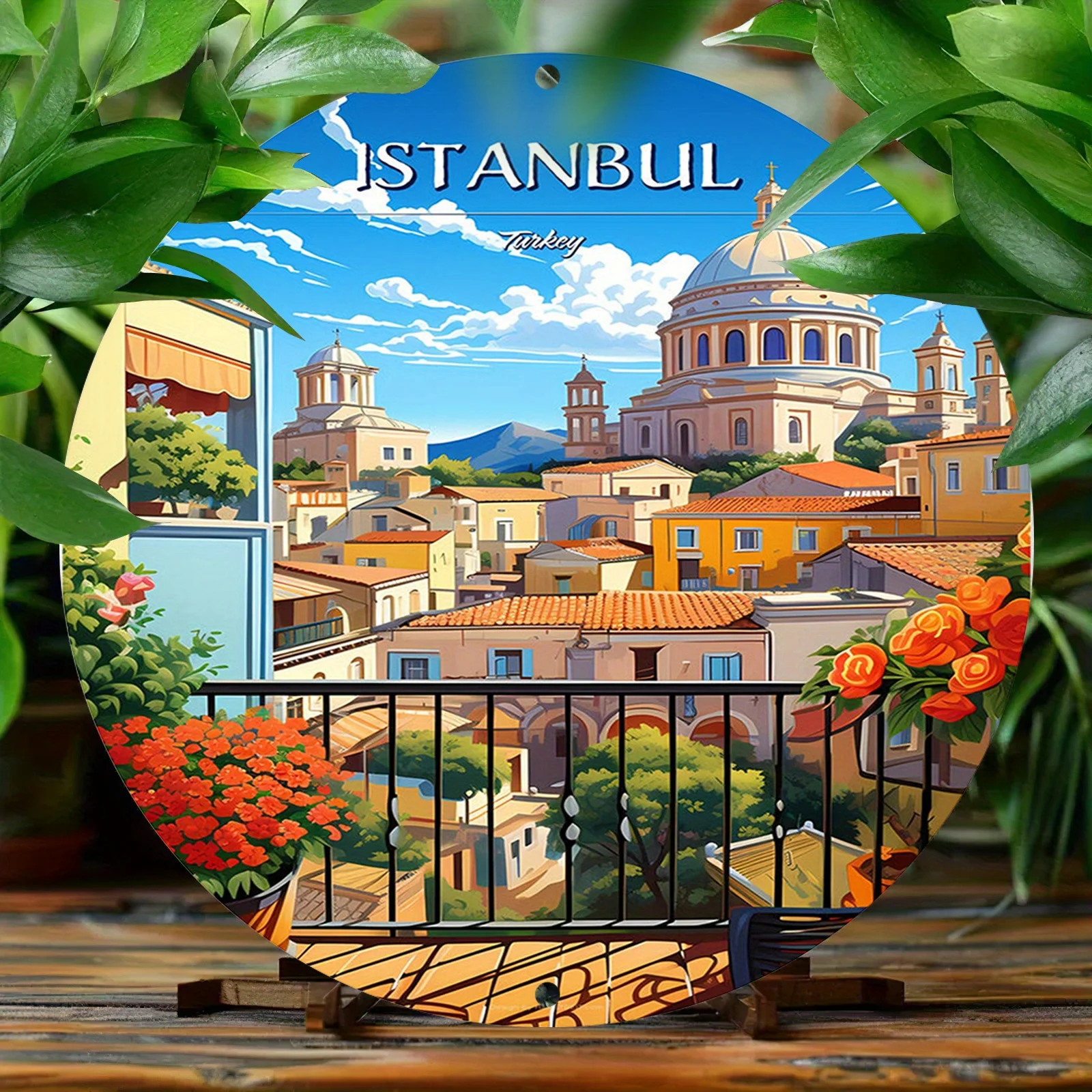 1pc Istanbul Turkey Colorful Town Balcony Floral Landscape Round Metal Sign 7.87Inch/20cm 2D Flat Travel Cottage Wall Decor Gift