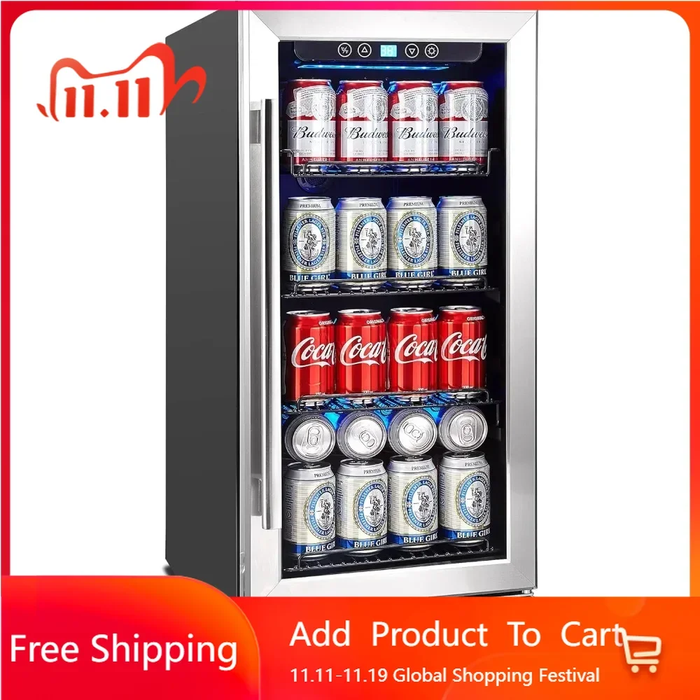 

15” Beverage Cooler and Refrigerator Under Counter Built-in or Freestanding, 96 Cans Capacity Mini Fridge- for Soda, Water, Beer