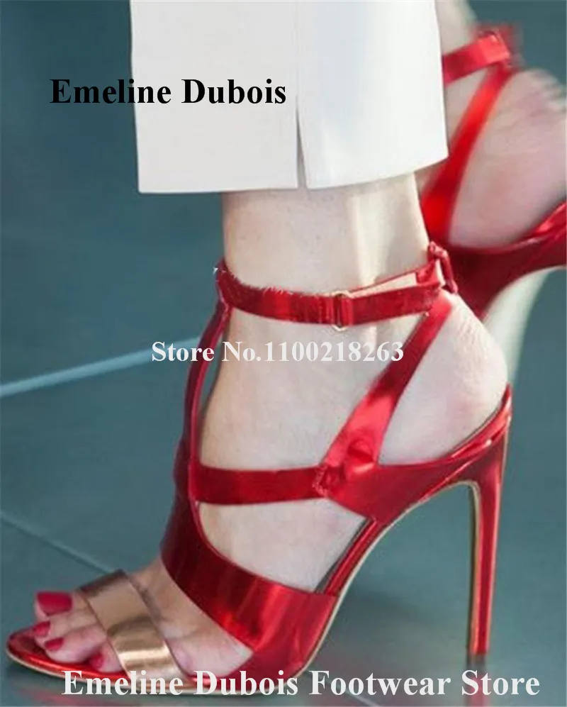 

Red Patchwork Gold Strap Sandals Emeline Dubois Open Toe Sexy Bands Cross Stiletto Heel Gladiator Sandals Dress Heels