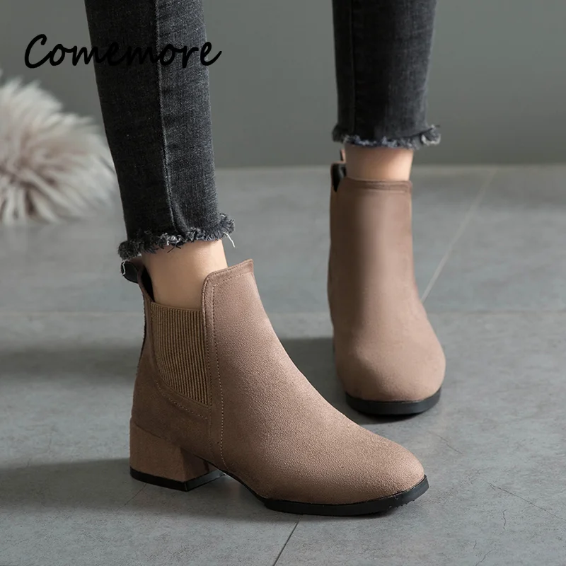 Comemore kobiety średnie obcasy czarne zimowe futerkowe buty 2023 Suede Chunky Heel Chelsea buty moda kobieta botki Botas Mujer 41