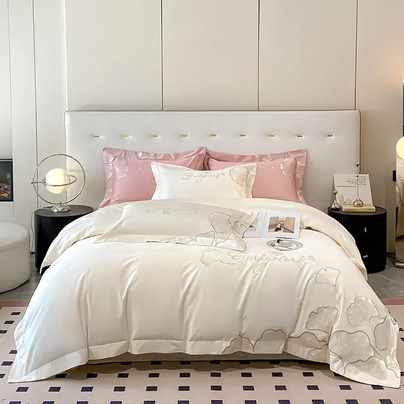 

Leaf Embroidery Bedding Sets Luxury 100% Cotton Solid Color Duvet Cover Fitted Bed Sheet Pillowcases Mattress Cover