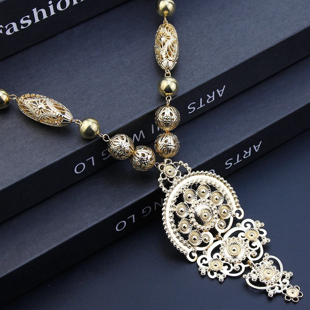 Sunspicems Gold Color Spanish Jewelry Metal Ball Beaded Necklace Galicia Traditional Frog Totem Long Pendant Necklace Body Chain