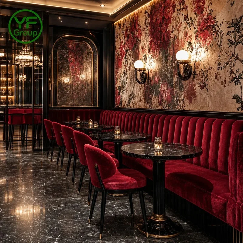 One-Stop Customization Restaurant Furniture Red Velvet Fabric Upholstered Booth Seating with Table Chair Set for Bistro Hotel