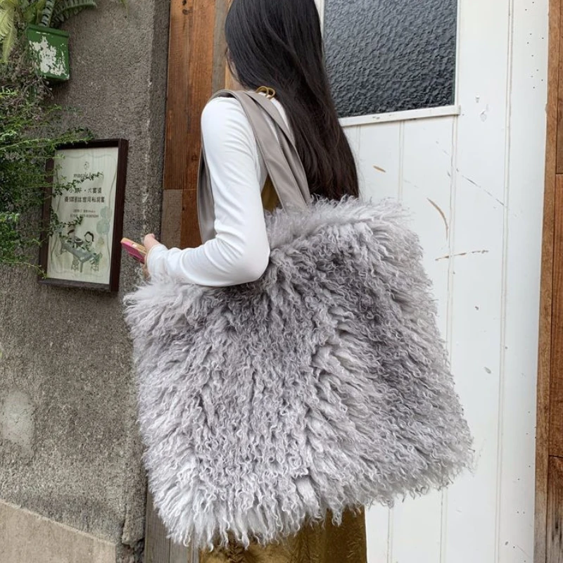 Artificial Wool Women's Tote Shoulder Bag Winter Faux Fur Ladies Large Shopping Bags Soft Plush Female Furry Travel Handbags