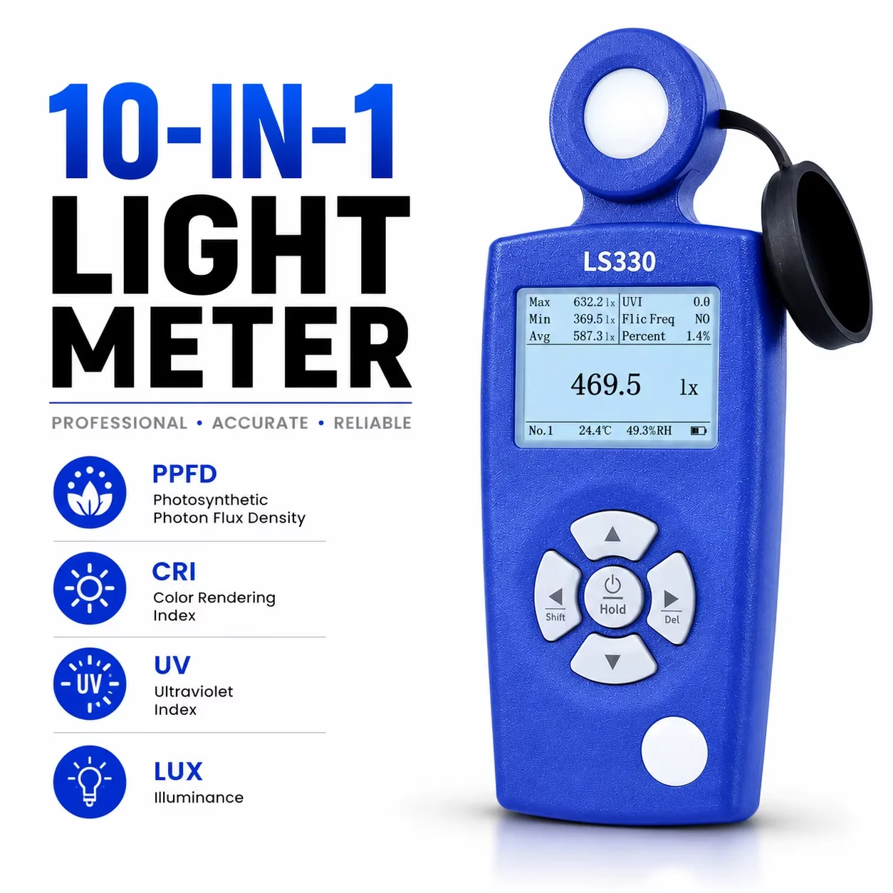 HoldPeak 10-in-1 Light Meter Lux Meter PPFD CRI UV CCT Spectral Analyzer for Plant Grow Light LED Lighting Testing
