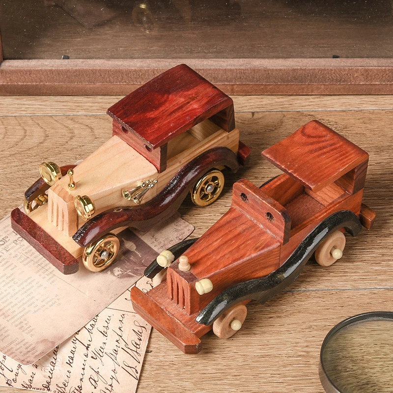 Retro Wooden Classic Car Train Model Decorative Ornaments Wooden Handmade Home Office Ornaments Collection Gifts Children\'s Toys