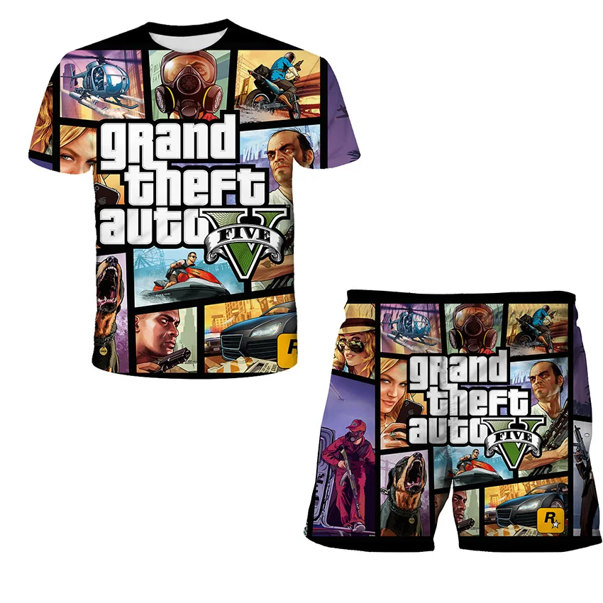 Anime Grand Theft Auto Gta 3d Print Tshirts Set Children Tshirt Short Pants 2pcs Suit 4-14 Years Kids Fashion Short Sleeve Sets