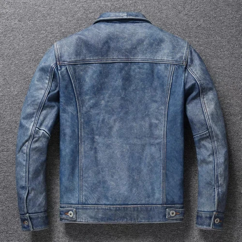 Imagen 2 del producto Chaqueta de cuero genuino para motocicleta para hombre, azul claro, Ami, caqui, Retro, grafito desgastado, Denim, Chaqueta corta delgada