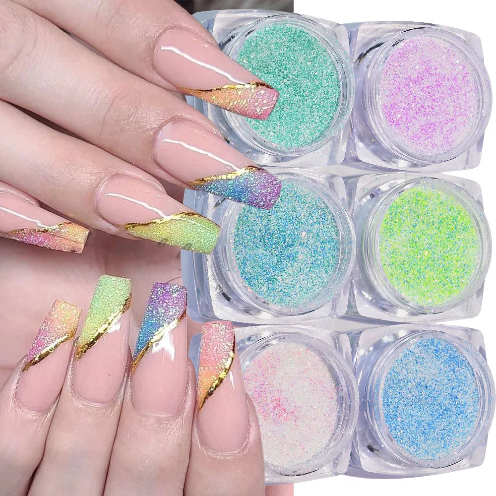 6 frascos * 2.5g pó de açúcar brilhante prego glitter colorido iridescente casaco de doces em pó manicure efeito açúcar poeira pigmento da arte do prego