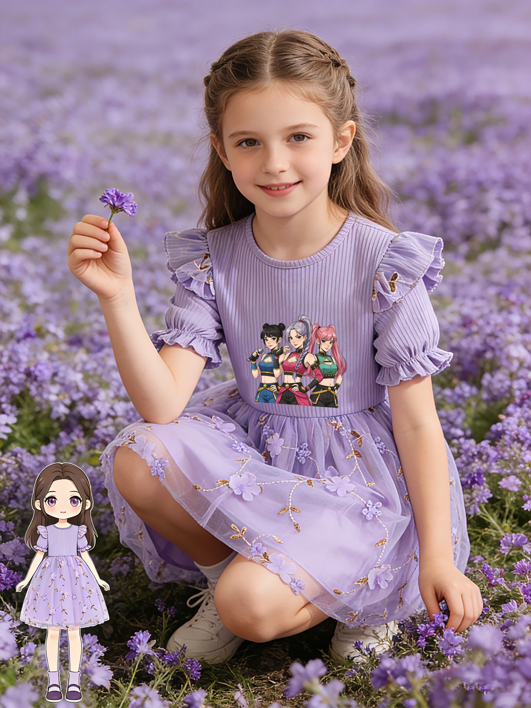 Cool Girl Group Printed Dress for Girls, Gold Thread Cherry Blossom Tulle Princess Dress