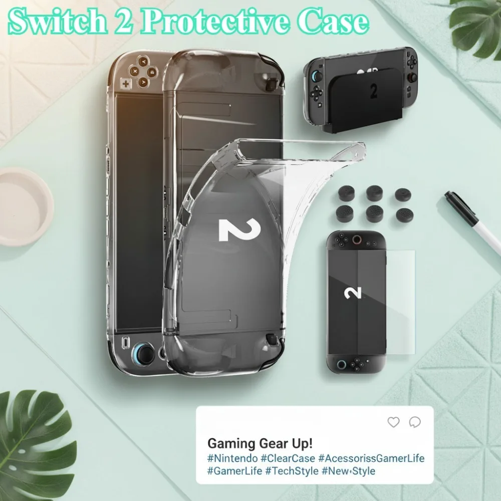 Switch 2 Case,Soft TPU Material,with 4K HD Screen Protector,2*Grips,6*Keycaps,Durable Drop-resistant Switch 2 Protective Case