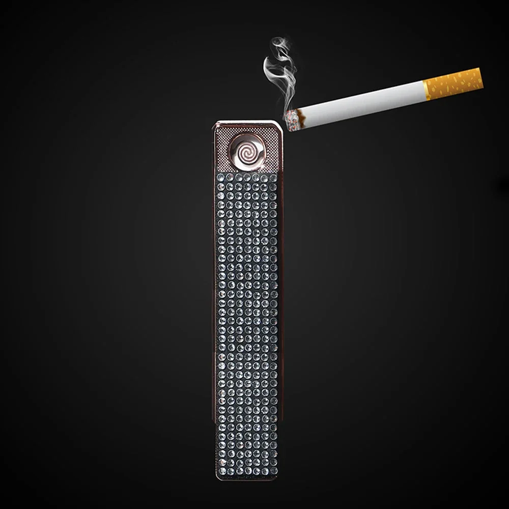 Portable Ultra Thin Lighter Double-Sided Diamond Embedded Windproof USB Lighter Charging Tungsten Ignition Silent Luxury Lighter