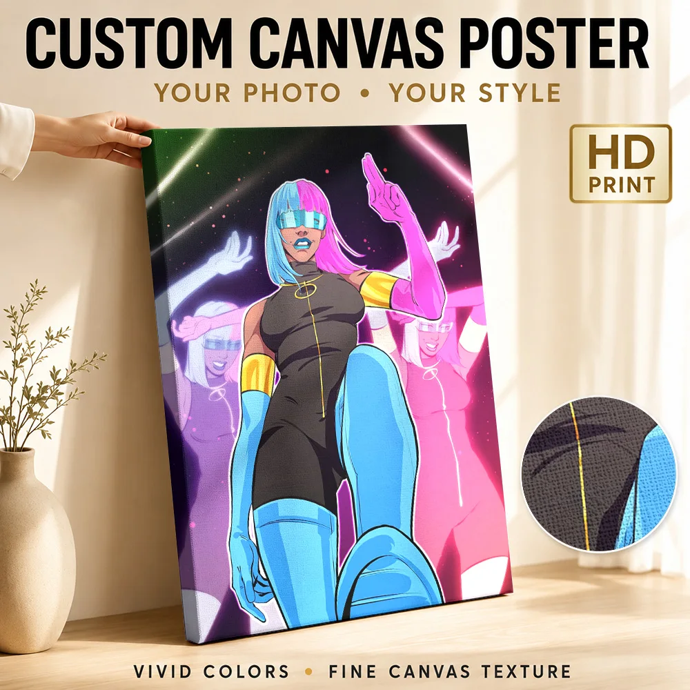 Cyberpunk Girl With Neon Dancers Canvas Painting Poster Personalized Photo Gaming Anime Wall Art for Game Room Dorm Decoration
