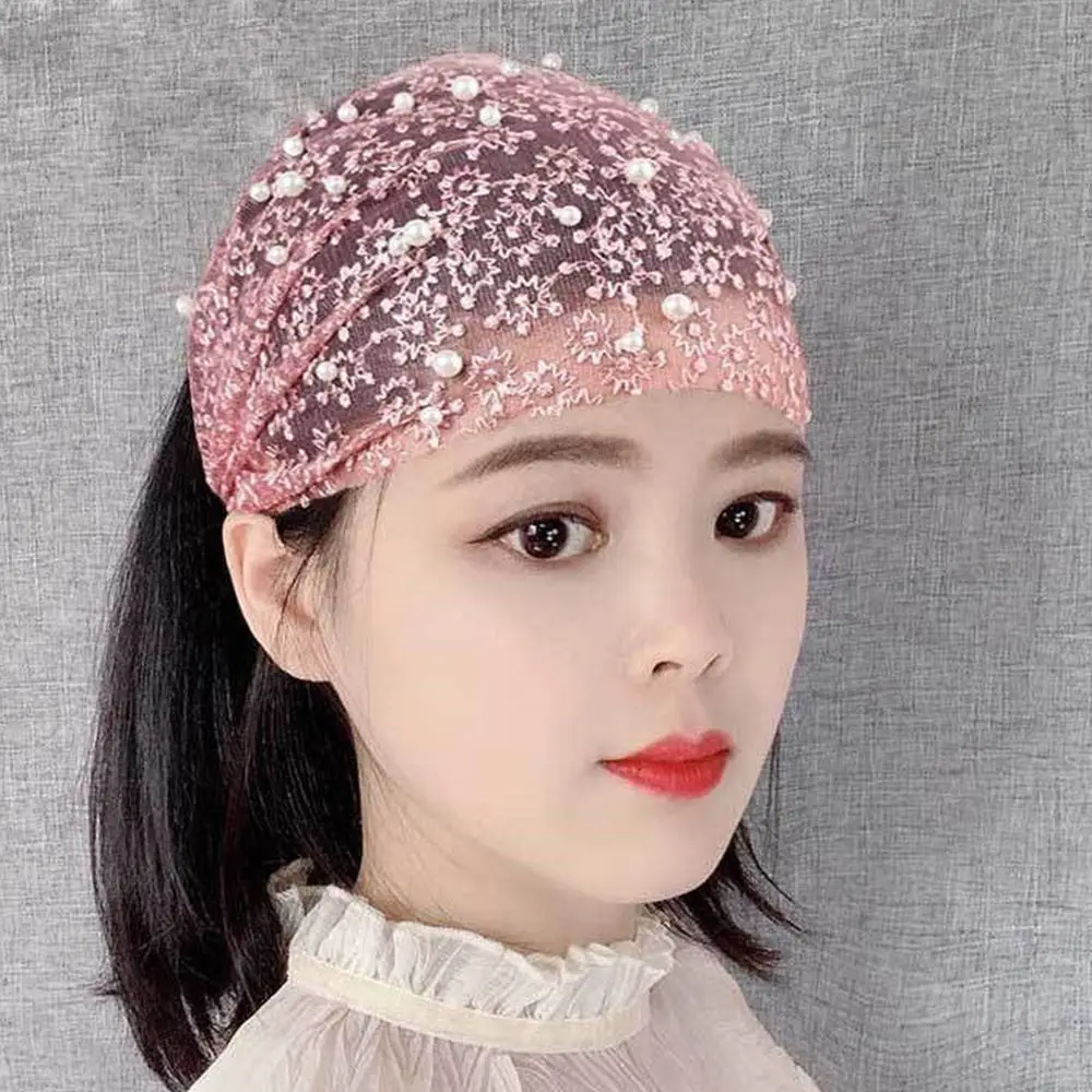 Sweet Vintage Face Wash Flower Make up Pearls Women Hair Accessories Organza Headband Korean Style Hair Wear Wide Side Hairband