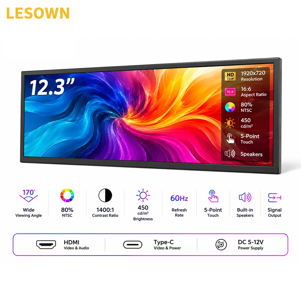 

LESOWN 12.3 Inch Touch External Display 16:6 Aspect Ratio Matte Black Portable Screen Driverless Setup for Mini PC