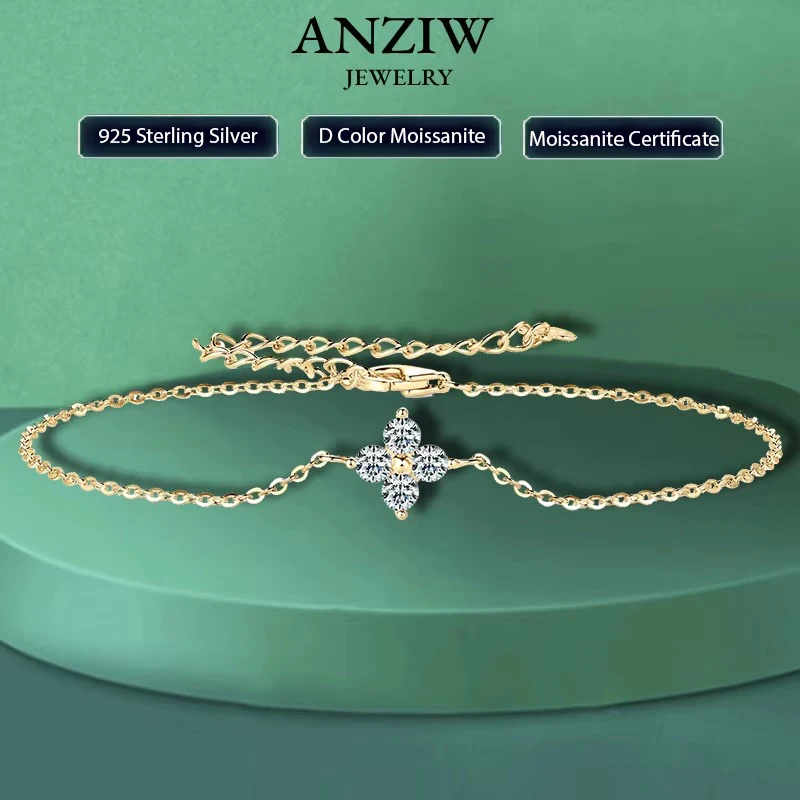 

Anziw Lucky Four Leaf Clover Moissanite Bracelet 925 Silver for Women Certified D Color Simple Charm Jewelry 18k Gold Plated