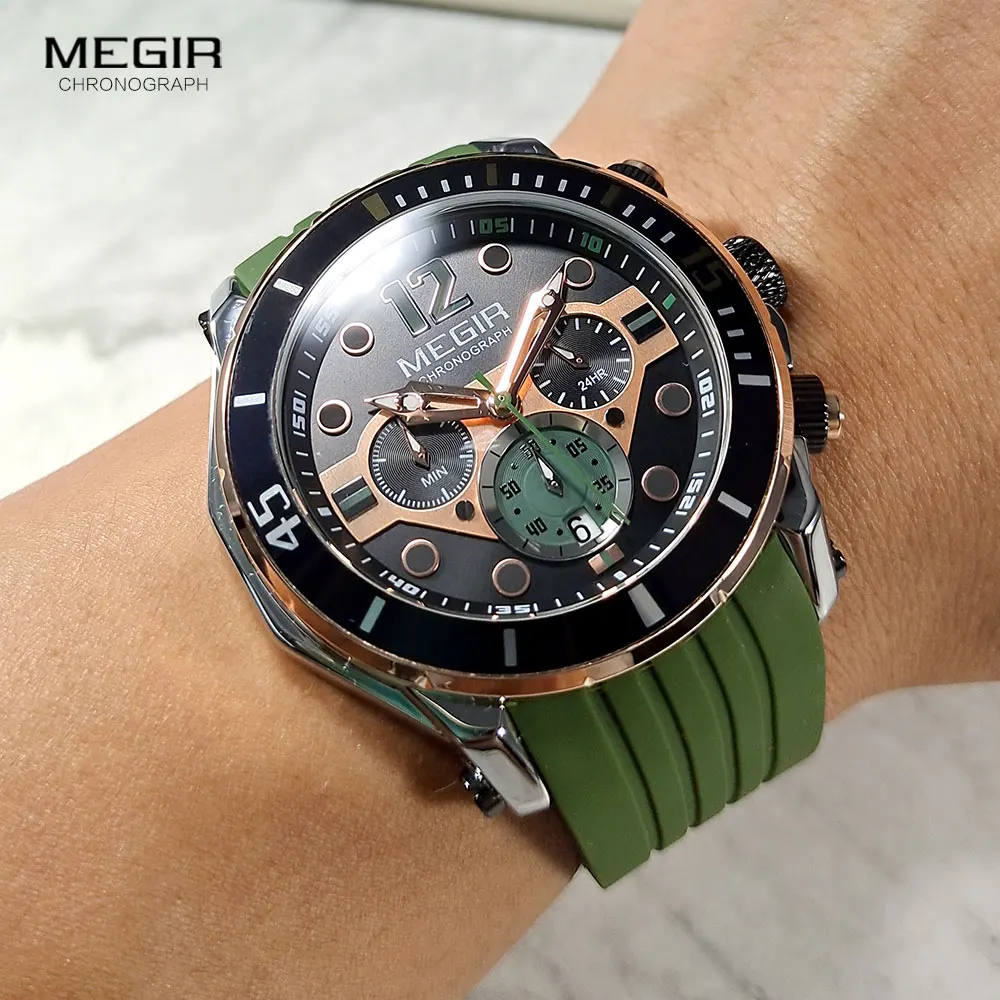 

MEGIR Fashion Waterproof Quartz Watches for Men Luxury Military Sport Chronograph Wristwatch Silicone Strap часы мужские 2206