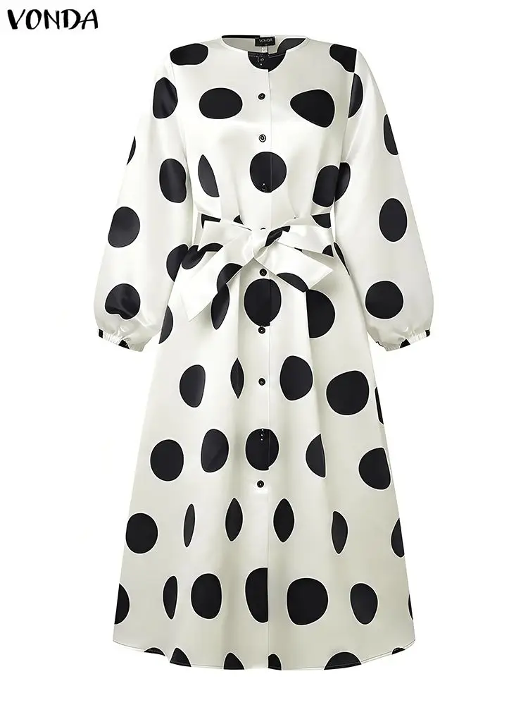 Plus size 5xl vonda boêmio feminino bolinhas vestido longo feminino manga longa lanterna impressão festa robe com cinto casual solto vestido