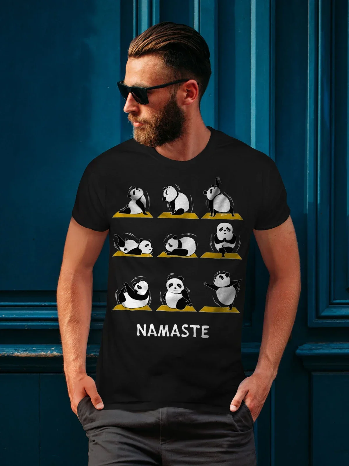 Namaste Funny Panda Yoga Poses Graphic T-Shirt O-Neck Short Sleeve Summer Casual Mens