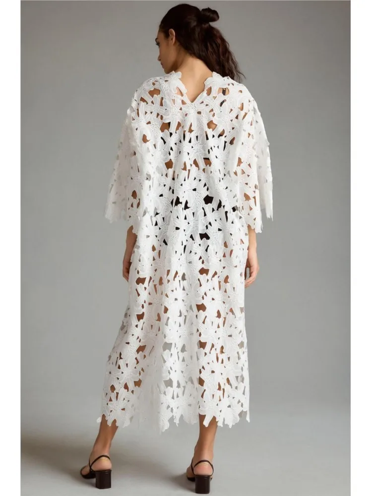 Sexy Kant Hol V-hals Jurk Voor Vrouwen Elegante Effen Lange Jurken Dames Zomer Casual Strand Vakantie Losse Vestidos