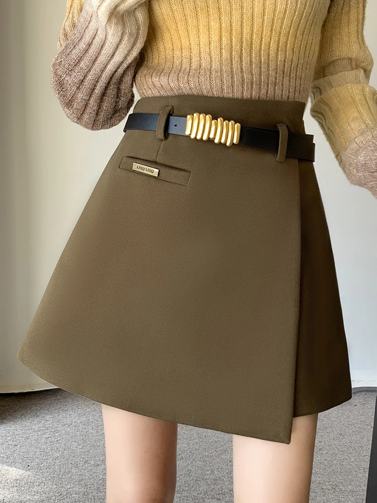 

QOERLIN Women Woolen Skorts Wide Leg High Waist Irregular Mini Skirts with Belt Korean Fashion Sexy Short Skirt Shorts A-Line