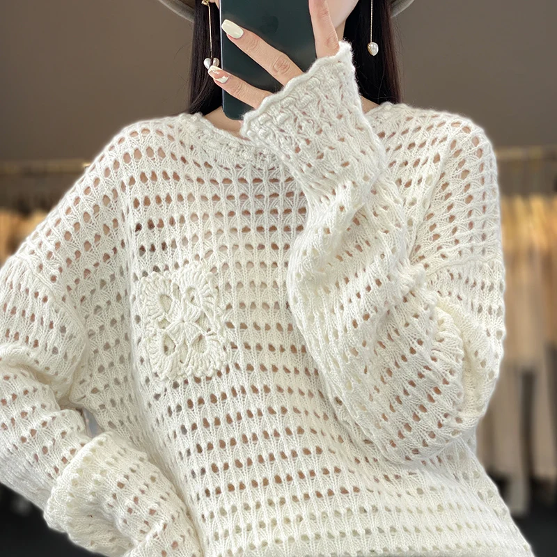 

2023 autumn winter new 100% pure woolen sweater female round neck hook flower hollow-out solid color cashmere sweater top